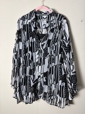 Marc Bouwer Black & White Abstract Blouse with Sleeve Detail M